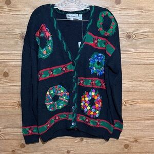 Vintage w/tag Bechamel Black Cardigan with Festive Embroidery- Medium